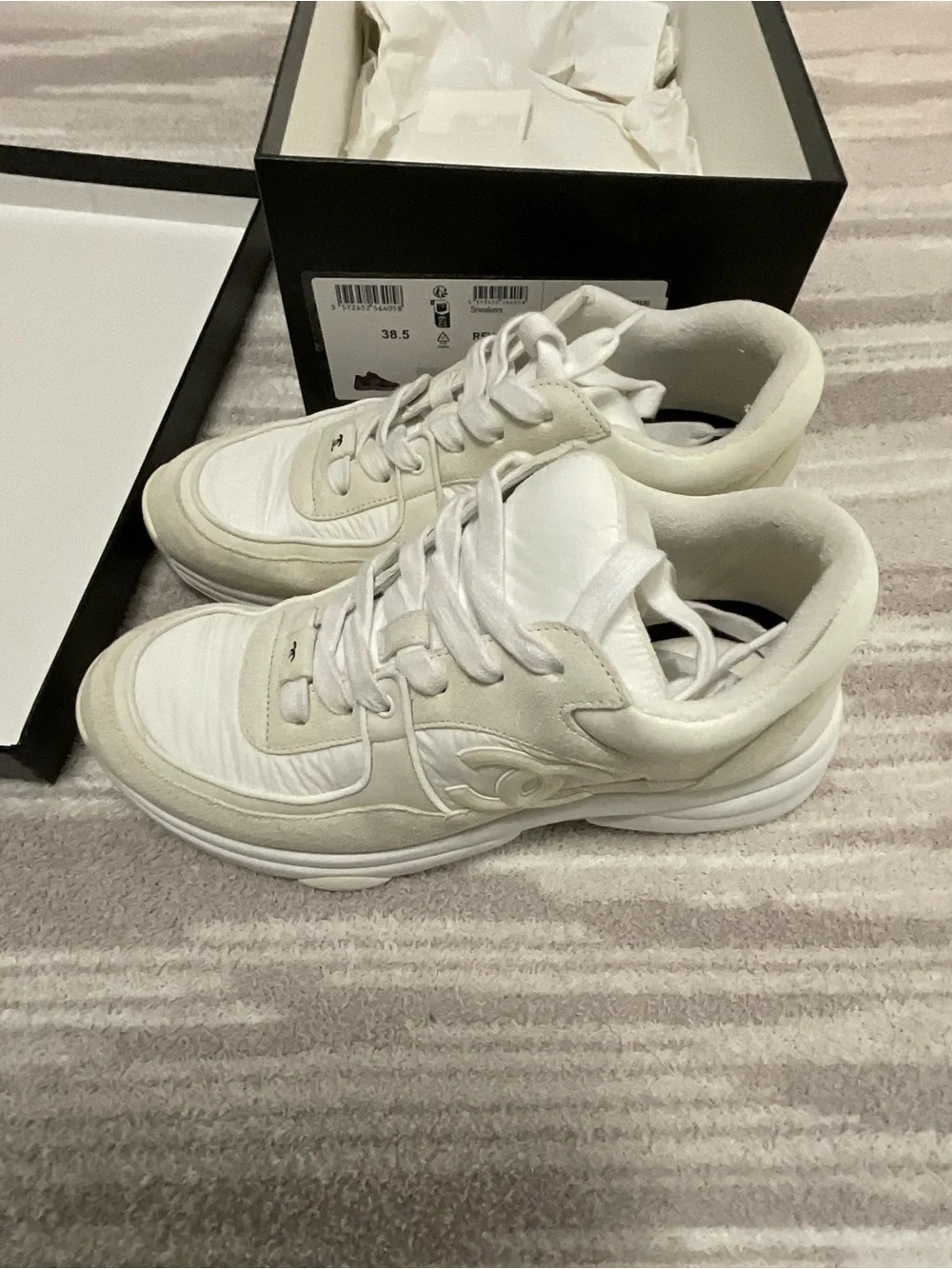 Chanel CC Off White Fabric Sneaker w Box SZ 38.5